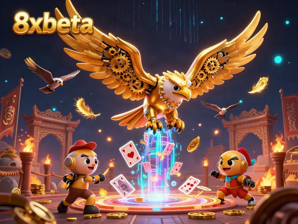 Watch the dynamic 3D scene of 8xbeta featuring a cybernetic golden eagle soaring through a vibrant casino landscape.