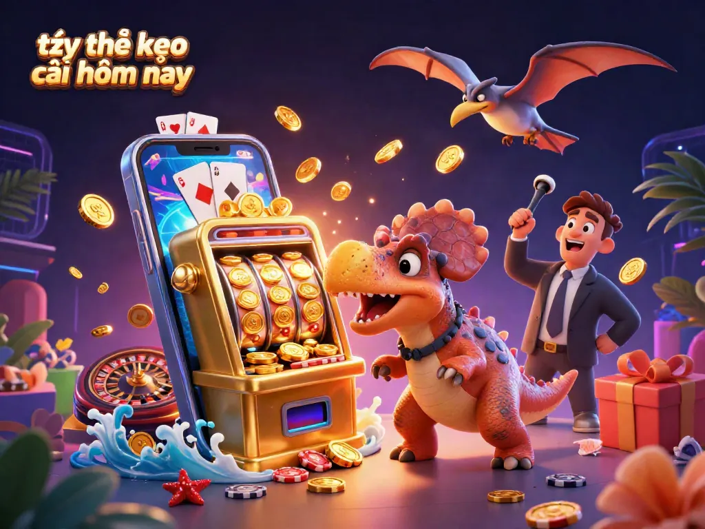 Engaging scene showcasing tỷ lệ kèo nhà cái hôm nay with cartoon dinosaurs and casino elements in dynamic composition
