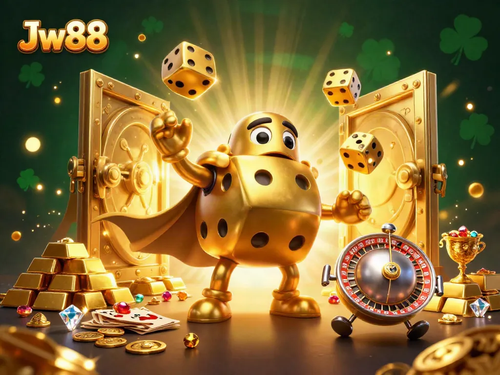 Experience the thrill of Jw88 with golden dice characters and sparkling treasures in a vibrant casino setting.