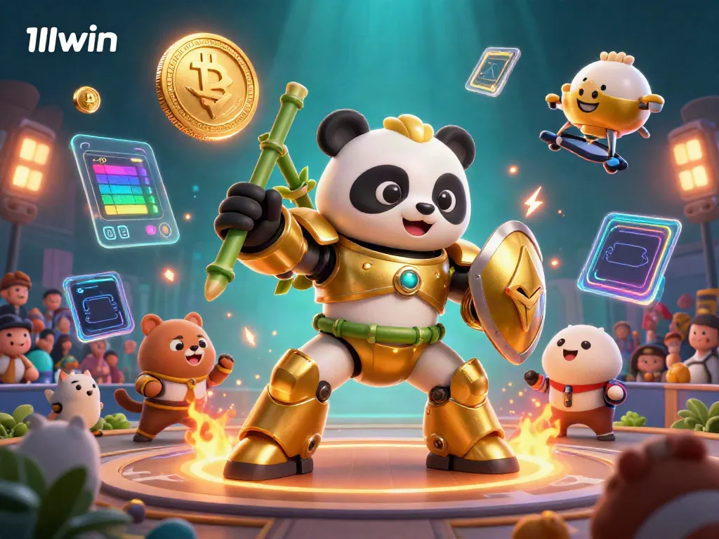 Experience the excitement of 11win with a dynamic 3D casino scene featuring a golden panda and blockchain elements, engaging players in action.