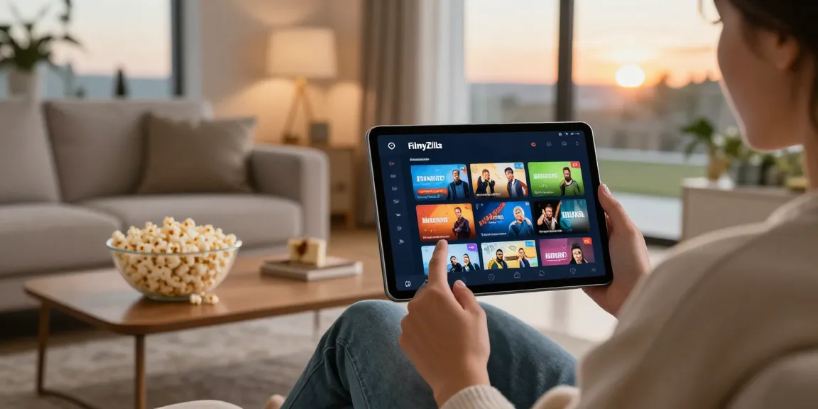 Engaging with the FilmyZilla app in a cozy living room with vibrant movie selections.