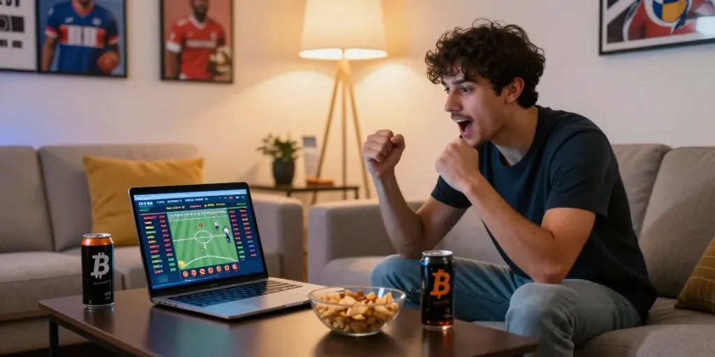 Exciting Bitcoin Sports Betting Canada scene featuring a bettor engaged with a live betting site.