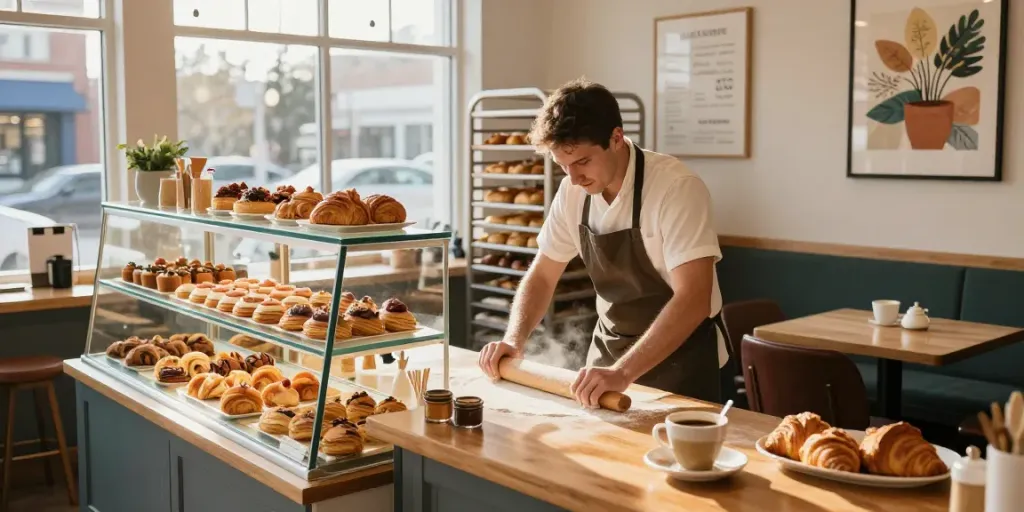 Delicious pastries Calgary in a charming bakery scene with fresh pastries displayed in a cozy café environment.