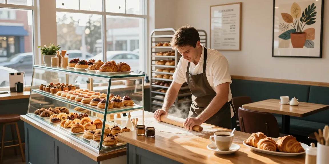 Delicious pastries Calgary in a charming bakery scene with fresh pastries displayed in a cozy café environment.