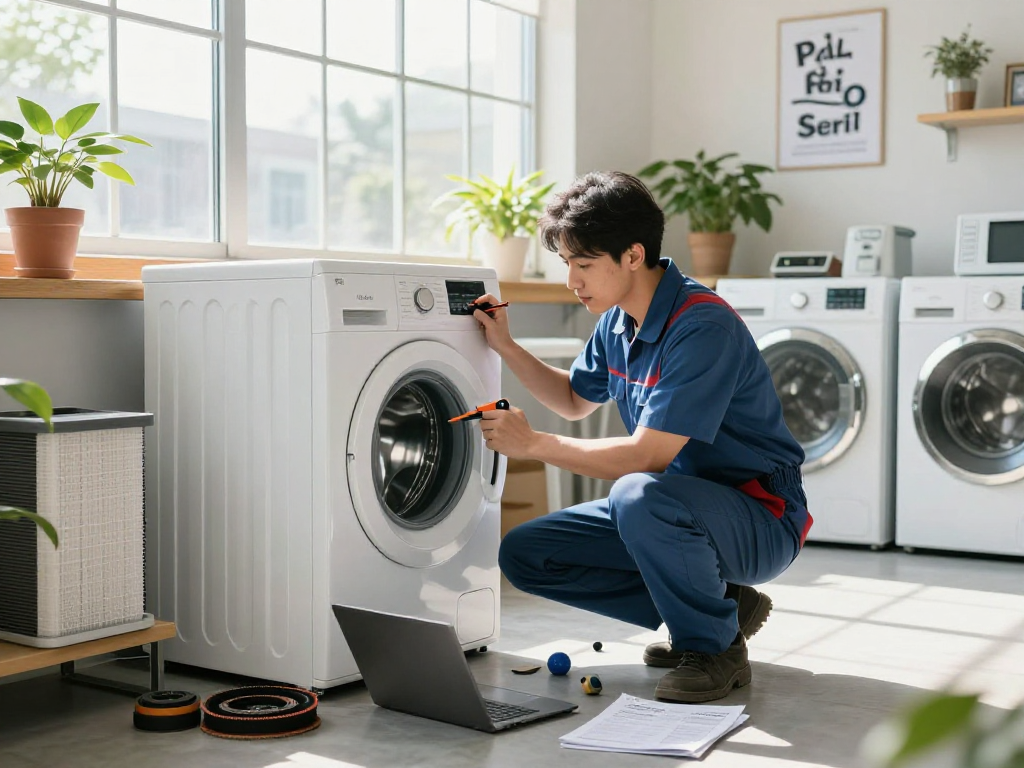 Appliance Repair in Markham: Technician servicing a washing machine in a bright workshop.
