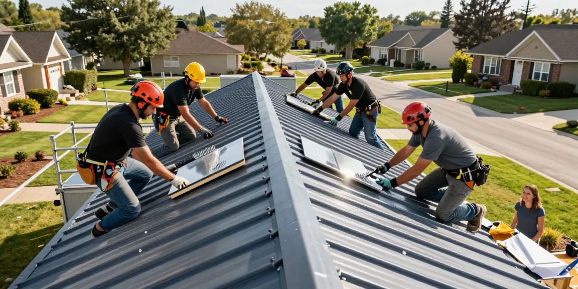 Metal roof installation by professional team on a residential home, showcasing skilled labor, safety gear, and neighborhood.