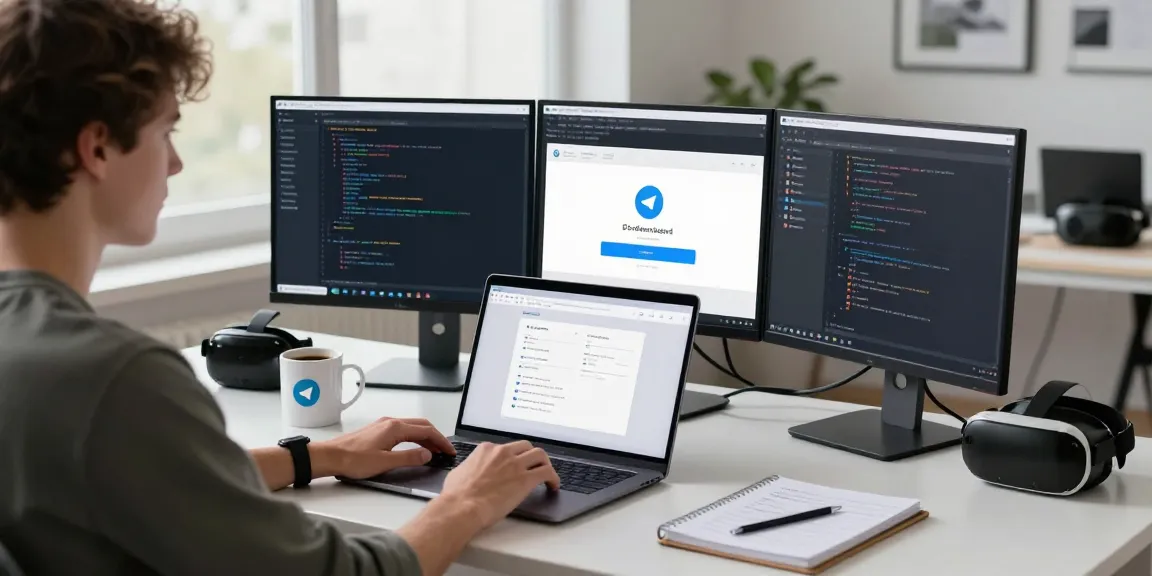 Focused developer working on Telegram download in a modern workspace with tech gadgets around