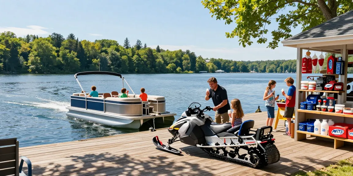 Kawagama lake marina with families enjoying boat rentals and vibrant merchandise, showcasing a lively day.
