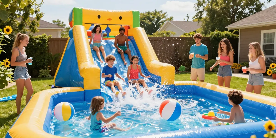 Exciting inflatable water slide fun with children splashing into the pool on a sunny day.