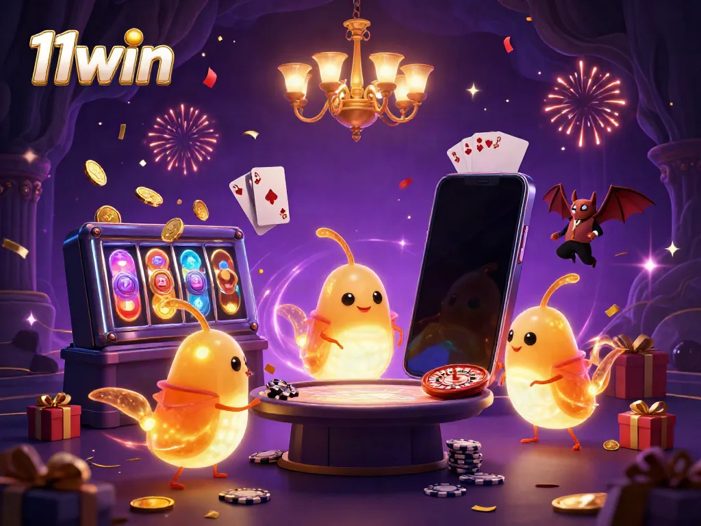 Experience the vibrant excitement of 11win with glowworms illuminating a cave casino scene featuring slot games and more.