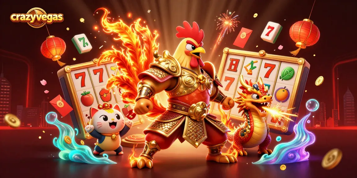 Experience the excitement of crazyvegas with a dynamic 3D casino illustration featuring a fierce rooster warrior and dragon hatchling.