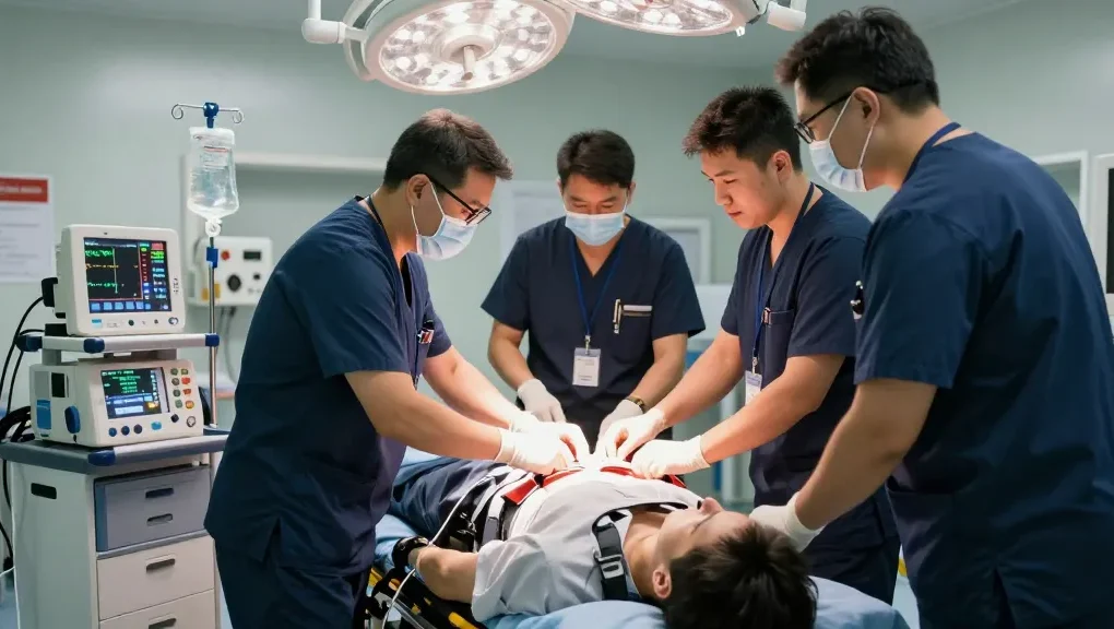 Paramedics applying a SAM chest seal during a critical emergency in a trauma unit.