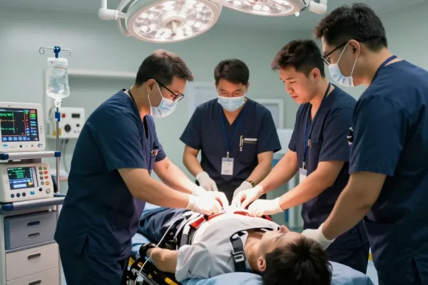 Paramedics applying a SAM chest seal during a critical emergency in a trauma unit.