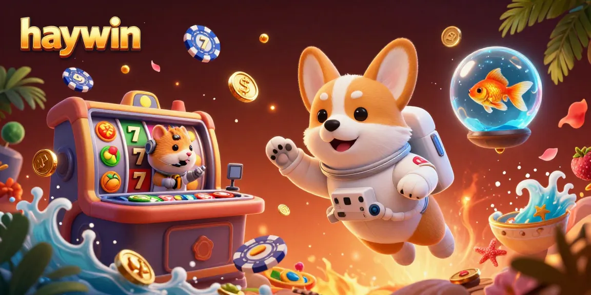 Engage with haywin's vibrant casino scene featuring an astronaut corgi, floating poker chips, and slot elements.